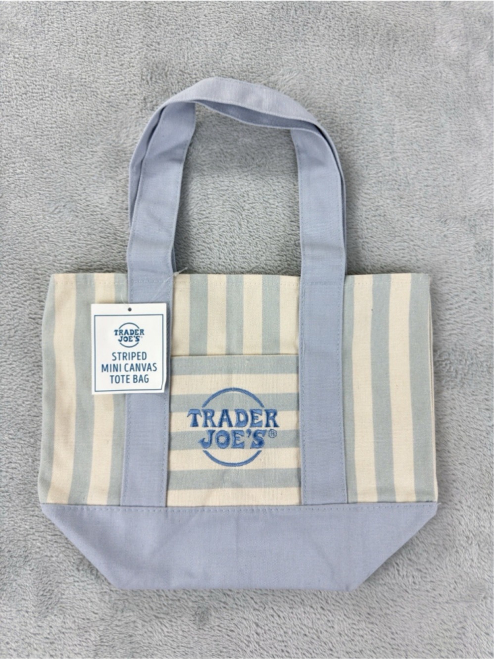 Trader Joe's Insulated Reusable Canvas Tote Bag Blue White Stripe 14x9x6